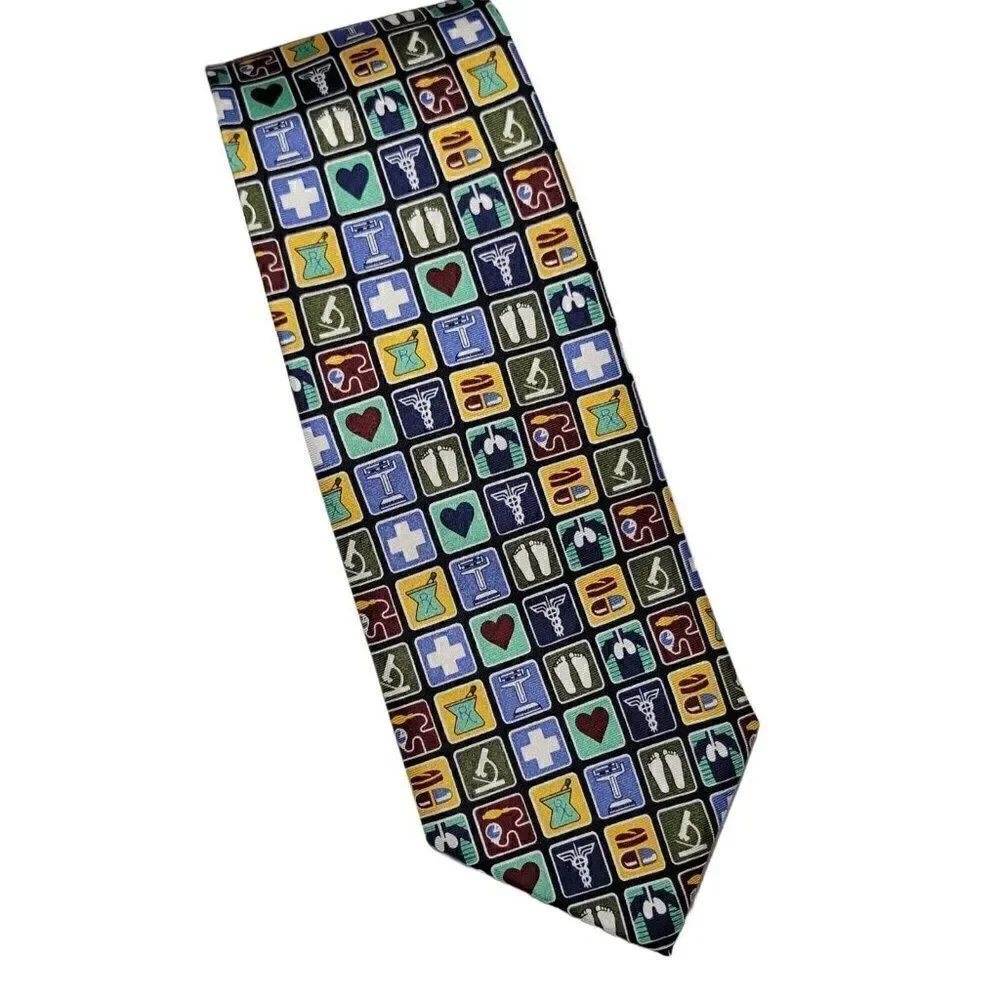 Wild Ties Mens Neck Tie Medical Symbols Instruments 100% Silk Multicolor 60